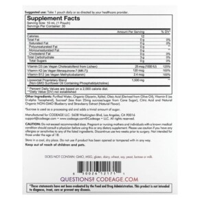 Thành phần vi chất của Codeage Nanofood Liposomal D3+K2+B12 Mixed Berry 30 Pouches 0.3 fl oz (10 ml) Each 850026121711