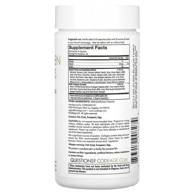 Codeage Nature Multi Collagen Raw Greens 180 Capsules 2 Thành phần vi chất của Codeage Nature Multi Collagen Raw Greens 180 Capsules 853919008274