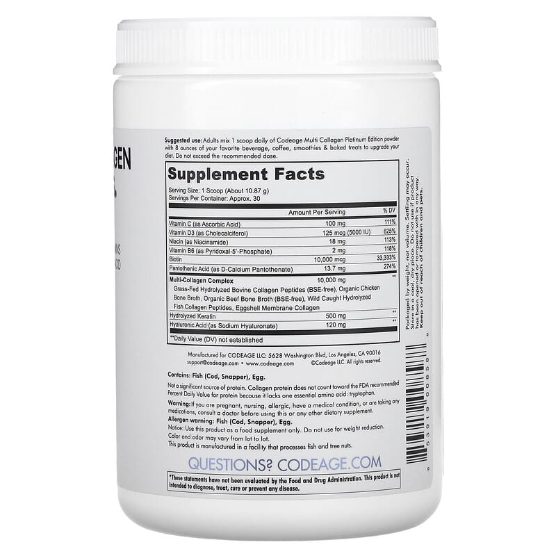 Codeage Platinum Multi Collagen Peptides Powder Biotin Keratin Hyaluronic Acid Unflavored 11.50 oz (326 g) 2 Thành phần vi chất của Codeage Platinum Multi Collagen Peptides Powder Biotin Keratin Hyaluronic Acid Unflavored 11.50 oz (326 g) 853919008588