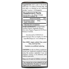 Thành phần vi chất của Codeage Vegan Chlorophyll+ Liquid Drops Non-GMO Peppermint 50 mg 2 fl oz (60 ml) 850026121278