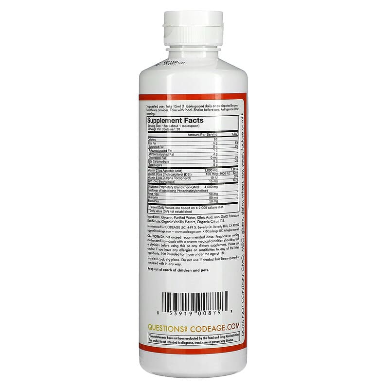 Codeage Wonder-C Vitamin C D3 Zinc Liposomal Delivery Orange Tangerine 16 fl oz (473 ml) 2 Thành phần vi chất của Codeage Wonder-C Vitamin C D3 Zinc Liposomal Delivery Orange Tangerine 16 fl oz (473 ml) 853919008793
