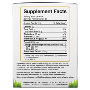 Thành phần vi chất của Coromega Kids Omega-3 Tropical Orange + Vitamin D 30 Single Serving Packets (2.5 g) 689269452425