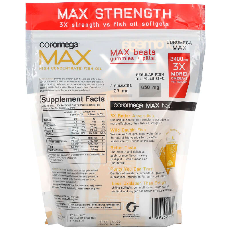 Coromega Max High Concentrate Omega-3 Fish Oil Citrus Burst 90 Squeeze Shots 2.5 g Each 2 Thành phần vi chất của Coromega Max High Concentrate Omega-3 Fish Oil Citrus Burst 90 Squeeze Shots 2.5 g Each 689269455600