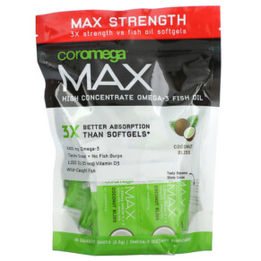Thực phẩm chức năng Coromega Max High Concentrate Omega-3 Fish Oil Coconut Bliss 1.200 mg 60 Squeeze Shots 2.5 g Each 689269455273