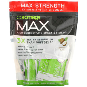 Thực phẩm chức năng Coromega Max High Concentrate Omega-3 Fish Oil Coconut Bliss 90 Squeeze Shots 2.5 g Each 689269455761