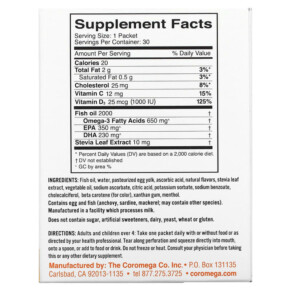 Thành phần vi chất của Coromega Omega-3 Squeeze Tropical Squeeze+D 30 Single Serving Packets 2.5 g Each 689269452227