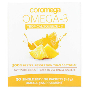 Thực phẩm chức năng Coromega Omega-3 Squeeze Tropical Squeeze+D 30 Single Serving Packets 2.5 g Each 689269452227