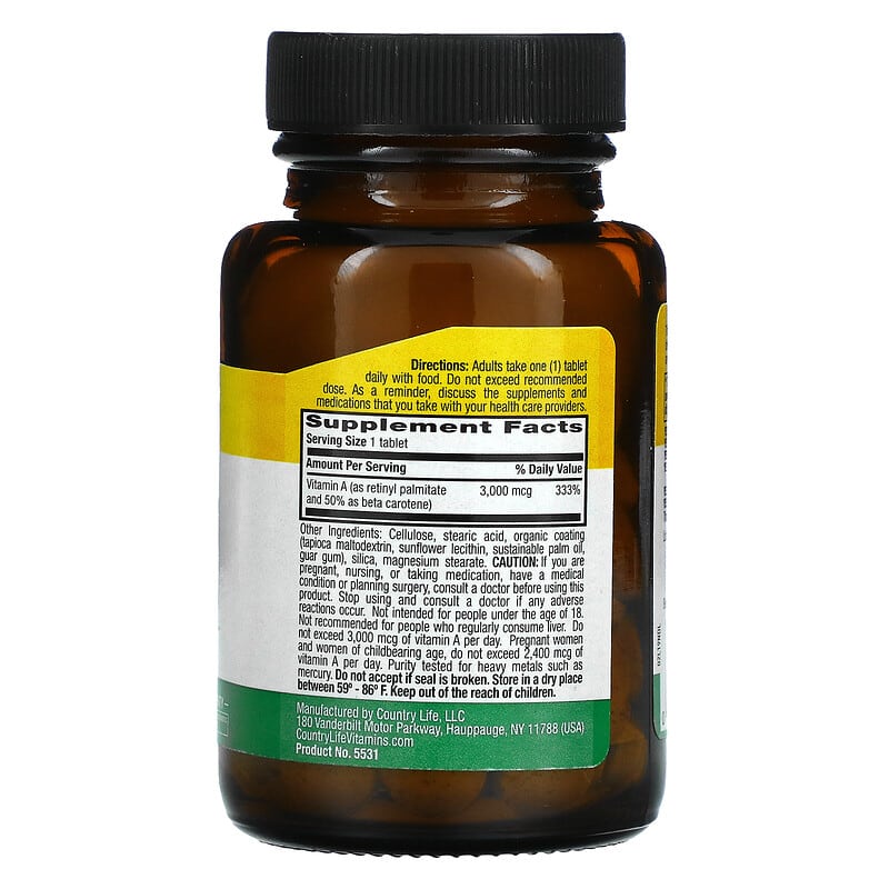 Country Life Dry Vitamin A 3.000 mcg 100 Tablets 2 Thành phần vi chất của Country Life Dry Vitamin A 3.000 mcg 100 Tablets 015794055310