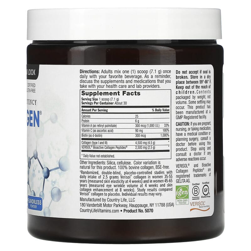 Country Life High Potency Maxi-Collagen 7000 Flavorless Powder 7.5 oz (213 g) 2 Thành phần vi chất của Country Life High Potency Maxi-Collagen 7000 Flavorless Powder 7.5 oz (213 g) 015794050704