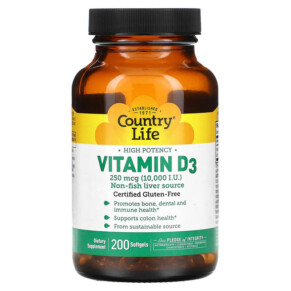 Thực phẩm chức năng Country Life High Potency Vitamin D3 250 mcg (10.000 IU) 200 Softgels 015794058168