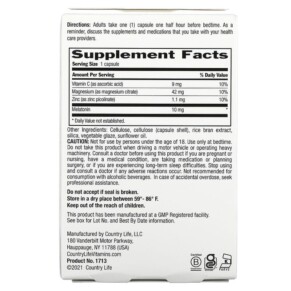 Thành phần vi chất của Country Life Melatonin 10 mg Magnesium Zinc & Vitamin C 60 Vegan Capsules 015794017134