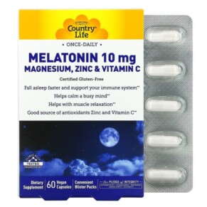 Thực phẩm chức năng Country Life Melatonin 10 mg Magnesium Zinc & Vitamin C 60 Vegan Capsules 015794017134
