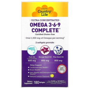 Thực phẩm chức năng Country Life Omega 3-6-9 Complete Ultra Concentrated Natural Lemon 180 Softgels 015794041023