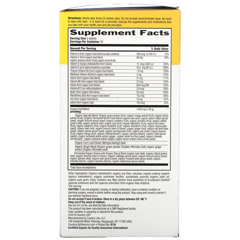 Country Life Realfood Organics Prenatal 150 Easy-to-Swallow Tablets 2 Thành phần vi chất của Country Life Realfood Organics Prenatal 150 Easy-to-Swallow Tablets 015794091165