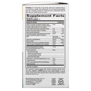 Thành phần vi chất của Country Life Triple Action Stress Shield 60 Vegan Capsules 015794050346