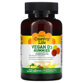 Thực phẩm chức năng Country Life Vegan D3 Gummies Lemon Strawberry & Orange Flavors 25 mcg (1.000 IU) 60 Gummies 015794058229