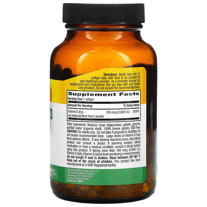 Country Life Vitamin D3 125 mcg (5.000 IU) 200 Softgels 2 Thành phần vi chất của Country Life Vitamin D3 125 mcg (5.000 IU) 200 Softgels 015794058083