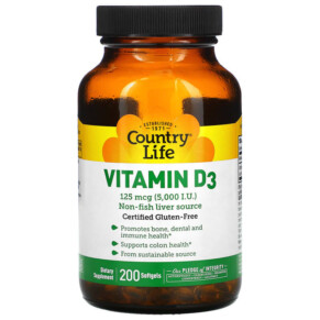 Thực phẩm chức năng Country Life Vitamin D3 125 mcg (5.000 IU) 200 Softgels 015794058083