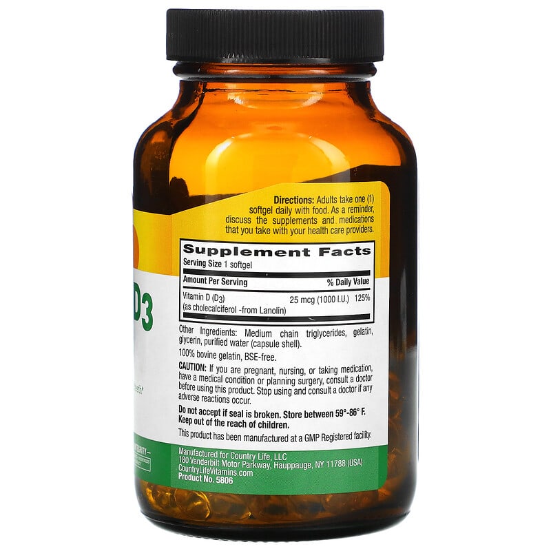 Country Life Vitamin D3 25 mcg (1.000 I.U.) 200 Softgels 2 Thành phần vi chất của Country Life Vitamin D3 25 mcg (1.000 I.U.) 200 Softgels 015794058069
