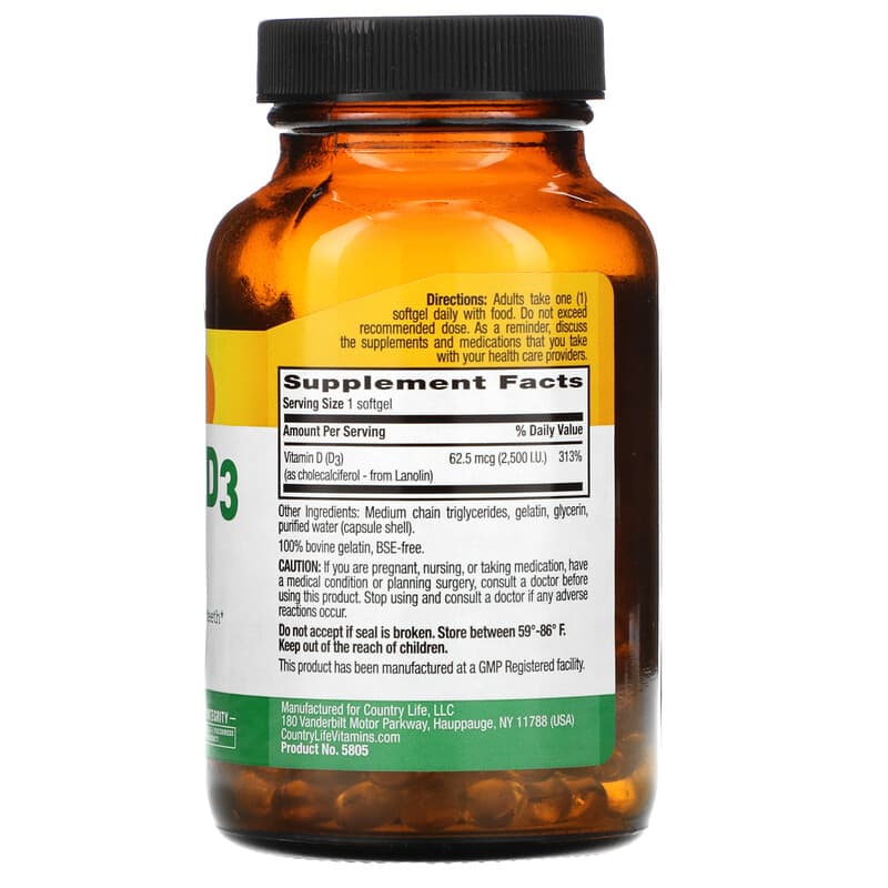 Country Life Vitamin D3 62.5 mcg (2.500 I.U.) 200 Softgels 2 Thành phần vi chất của Country Life Vitamin D3 62.5 mcg (2.500 I.U.) 200 Softgels 015794058052