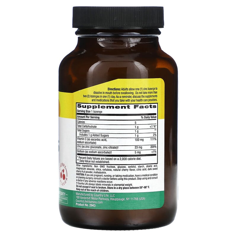 Country Life Zinc Lozenges with Vitamin C Cherry 60 Lozenges 2 Thành phần vi chất của Country Life Zinc Lozenges with Vitamin C Cherry 60 Lozenges 015794029434