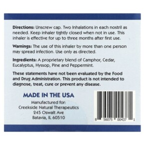 Thành phần vi chất của Creekside Natural Therapeutics Children's Sniffle Sticks 4 Inhalers 856075004371