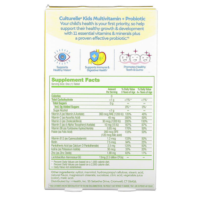 Culturelle Kids Probiotics Multivitamin + Probiotic 3+ Years Natural Fruit Punch 50 Chewable Tablets 2 Thành phần vi chất của Culturelle Kids Probiotics Multivitamin + Probiotic 3+ Years Natural Fruit Punch 50 Chewable Tablets 049100400709