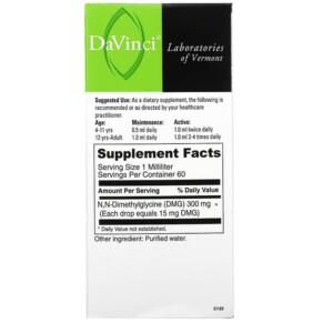 Thành phần vi chất của DaVinci Laboratories of Vermont Gluconic DMG Liquid 300 mg 2 fl oz (60 ml) 026664259226