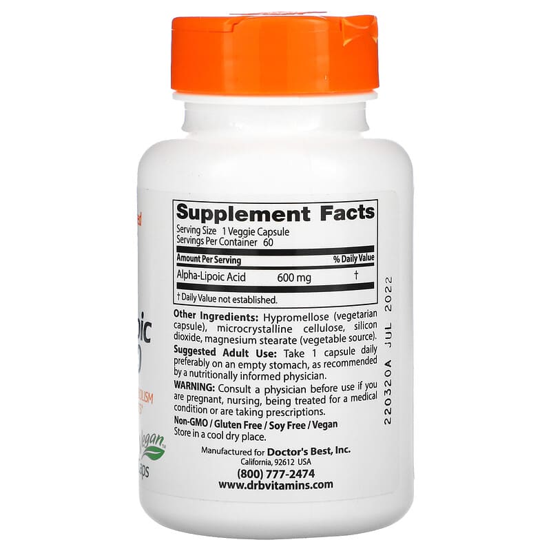 Doctor's Best Alpha-Lipoic Acid 600 mg 60 Veggie Caps 2 Thành phần vi chất của Doctor's Best Alpha-Lipoic Acid 600 mg 60 Veggie Caps 753950001336