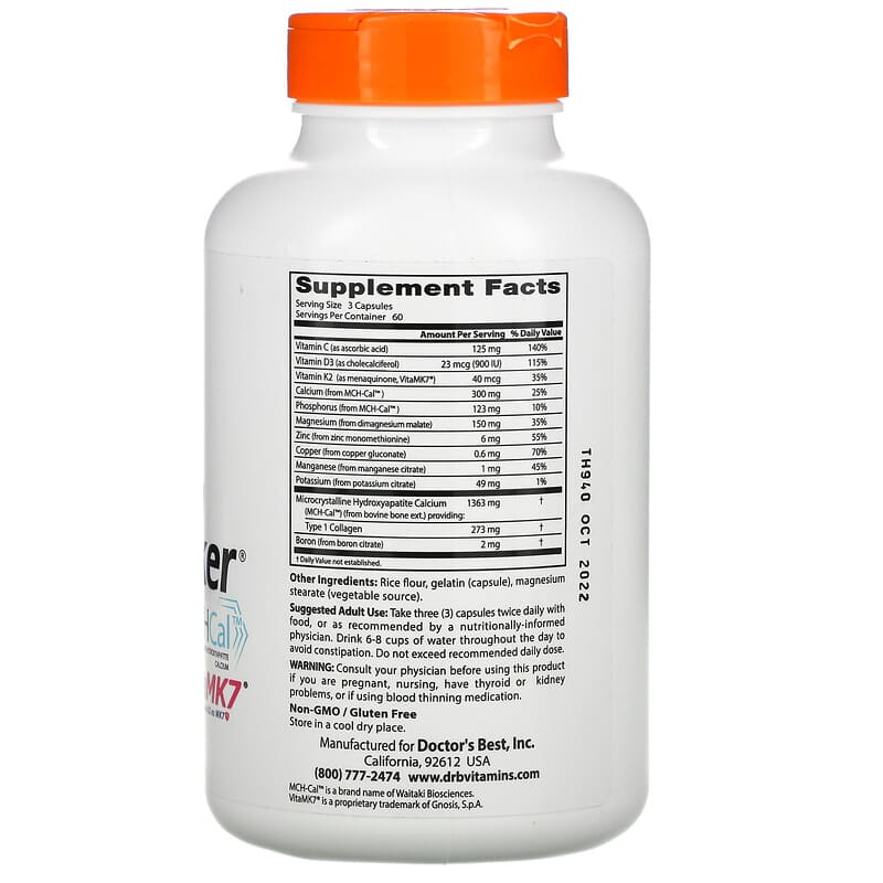 Doctor's Best Calcium Bone Maker Complex with MCHCal and VitaMK7 180 Capsules 2 Thành phần vi chất của Doctor's Best Calcium Bone Maker Complex with MCHCal and VitaMK7 180 Capsules 753950002456