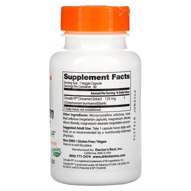Doctor's Best Cinnamon Extract with Cinnulin PF 125 mg 60 Veggie Caps 2 Thành phần vi chất của Doctor's Best Cinnamon Extract with Cinnulin PF 125 mg 60 Veggie Caps 753950001305
