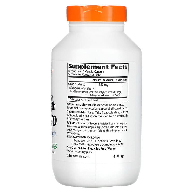 Doctor's Best Extra Strength Ginkgo 120 mg 360 Veggie Caps 2 Thành phần vi chất của Doctor's Best Extra Strength Ginkgo 120 mg 360 Veggie Caps 753950002739