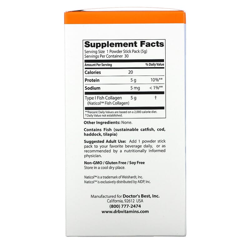 Doctor's Best Fish Collagen with Naticol 5 g 30 Powder Stick Packs 2 Thành phần vi chất của Doctor's Best Fish Collagen with Naticol 5 g 30 Powder Stick Packs 753950004184