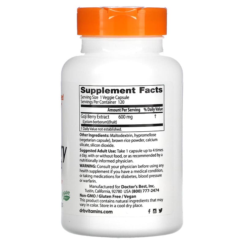 Doctor's Best Goji Berry Extract 600 mg 120 Veggie Caps 2 Thành phần vi chất của Doctor's Best Goji Berry Extract 600 mg 120 Veggie Caps 753950001534