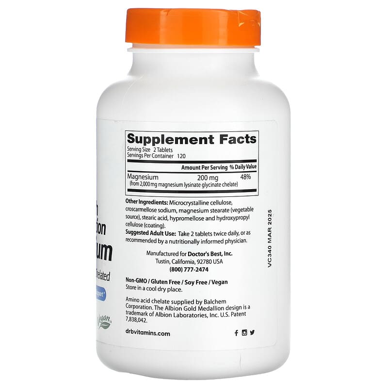Doctor's Best High Absorption Magnesium 100 mg 240 Tablets 2 Thành phần vi chất của Doctor's Best High Absorption Magnesium 100 mg 240 Tablets 753950000872