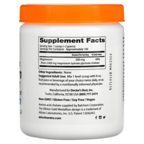 Thành phần vi chất của Doctor's Best High Absorption Magnesium Powder 7.1 oz (200 g) 753950004085
