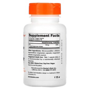 Thành phần vi chất của Doctor's Best High Absorption Zinc Bisglycinate 100% Chelated 50 mg 90 Veggie Caps 753950005730