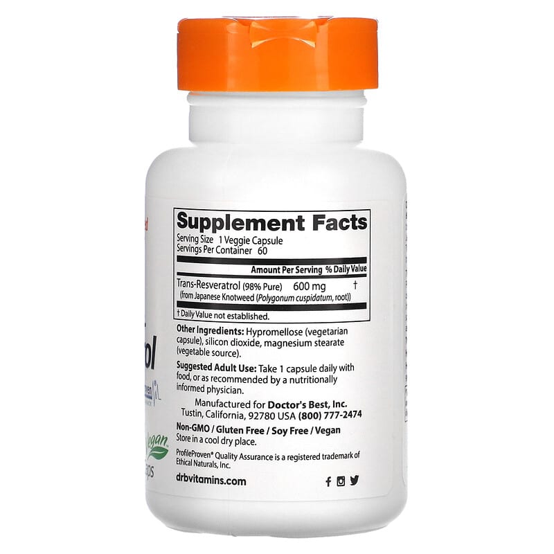 Doctor's Best High Potency Trans-Resveratrol 600 600 mg 60 Veggie Caps 2 Thành phần vi chất của Doctor's Best High Potency Trans-Resveratrol 600 600 mg 60 Veggie Caps 753950004160