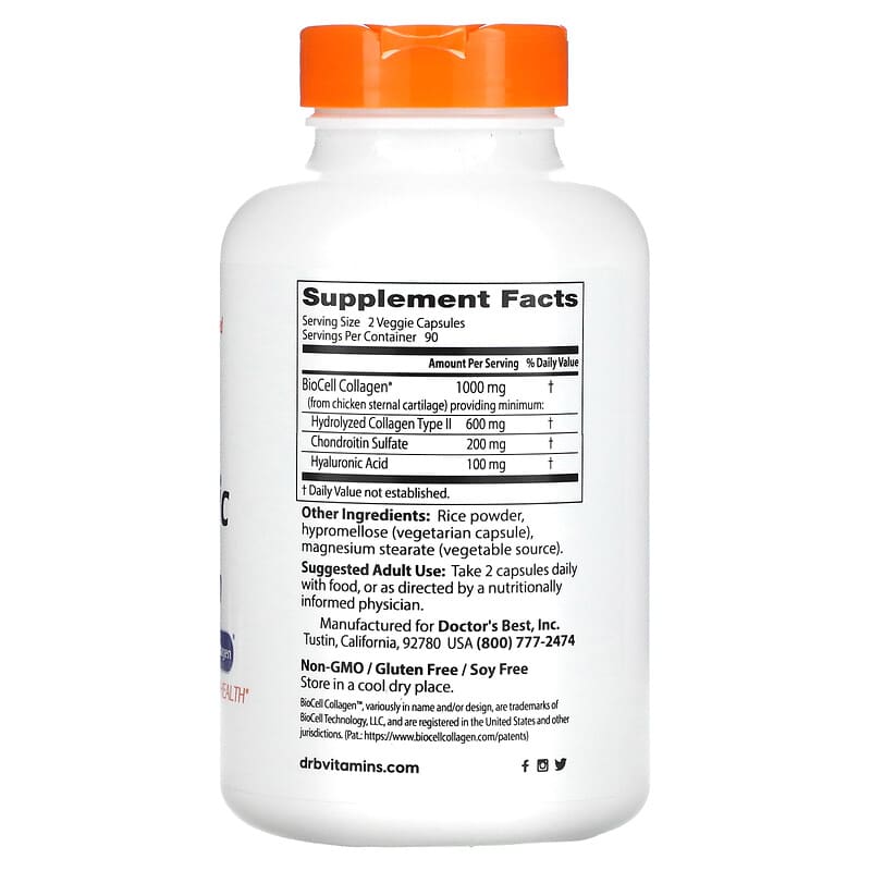 Doctor's Best Hyaluronic Acid + Chondroitin Sulfate with BioCell Collagen 180 Veggie Capsules 2 Thành phần vi chất của Doctor's Best Hyaluronic Acid + Chondroitin Sulfate with BioCell Collagen 180 Veggie Capsules 753950002289