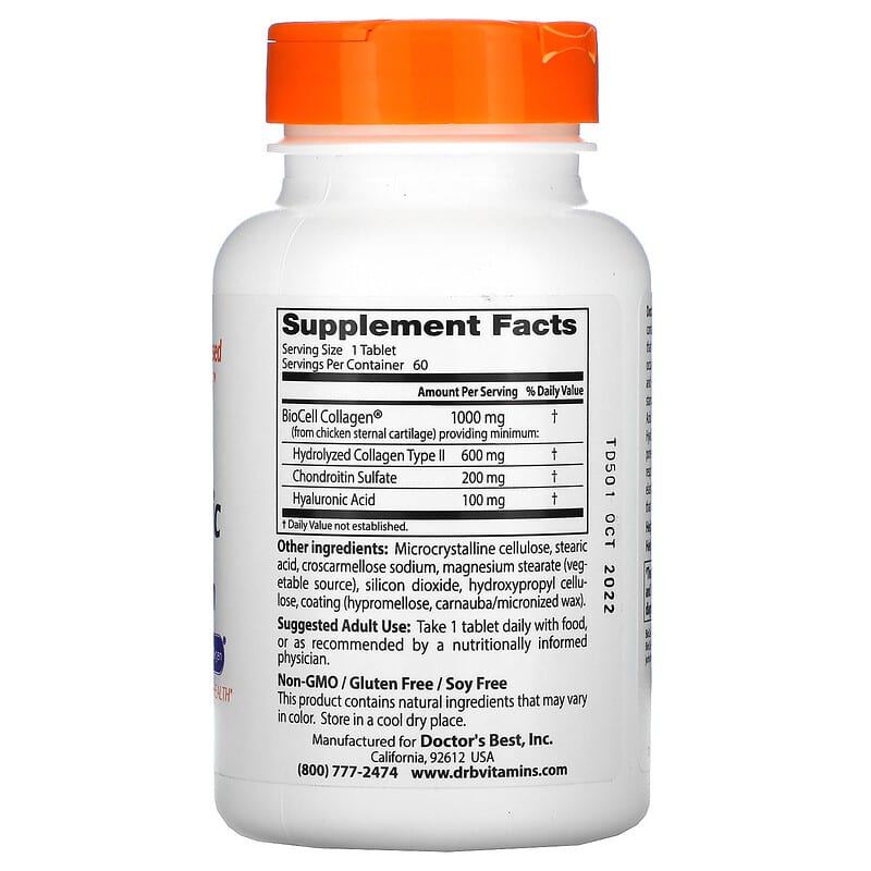 Doctor's Best Hyaluronic Acid + Chondroitin Sulfate with BioCell Collagen 60 Tablets 2 Thành phần vi chất của Doctor's Best Hyaluronic Acid + Chondroitin Sulfate with BioCell Collagen 60 Tablets 753950002654