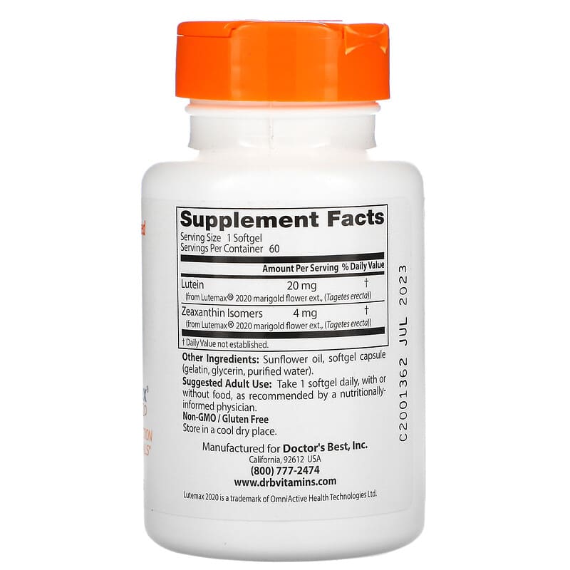 Doctor's Best Lutein with Lutemax 2020 20 mg 60 Softgels 2 Thành phần vi chất của Doctor's Best Lutein with Lutemax 2020 20 mg 60 Softgels 753950003699