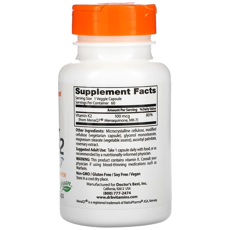 Doctor's Best Natural Vitamin K2 MK-7 with MenaQ7 100 mcg 60 Veggie Caps 2 Thành phần vi chất của Doctor's Best Natural Vitamin K2 MK-7 with MenaQ7 100 mcg 60 Veggie Caps 753950003347