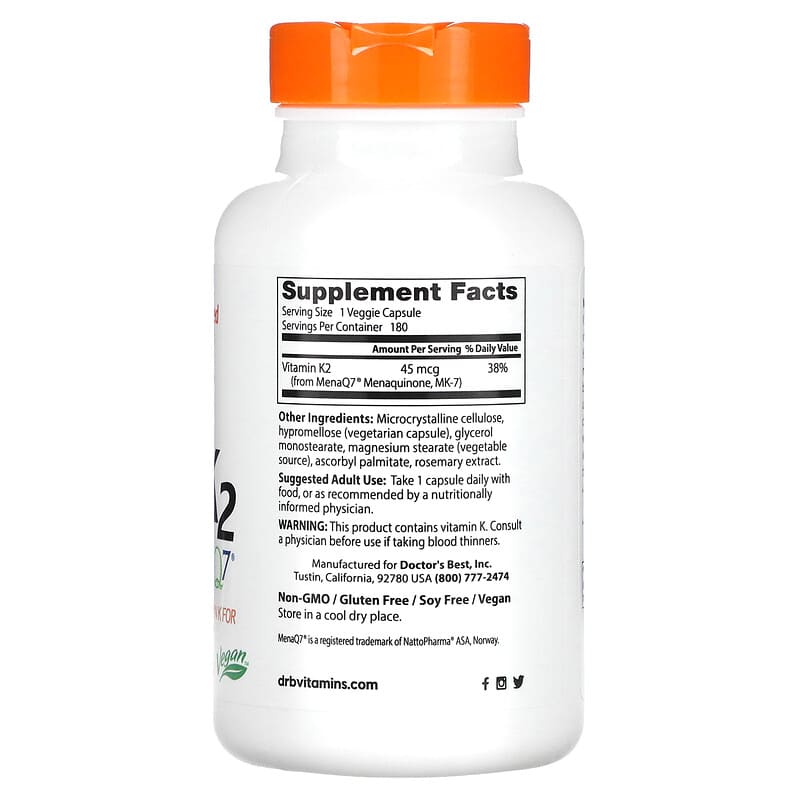 Doctor's Best Natural Vitamin K2 MK-7 with MenaQ7 45 mcg 180 Veggie Caps 2 Thành phần vi chất của Doctor's Best Natural Vitamin K2 MK-7 with MenaQ7 45 mcg 180 Veggie Caps 753950003569