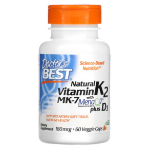 Thực phẩm chức năng Doctor's Best Natural Vitamin K2 MK-7 with MenaQ7 plus D3 180 mcg 60 Veggie Caps 753950004047