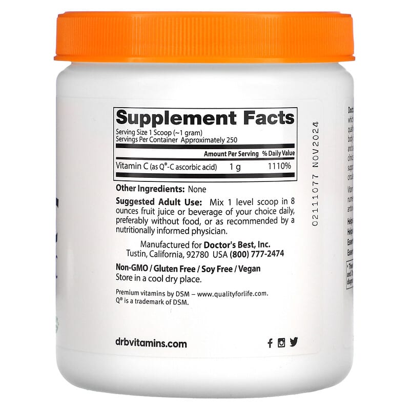 Doctor's Best Pure Vitamin C Powder with Q-C 8.8 oz (250 g) 2 Thành phần vi chất của Doctor's Best Pure Vitamin C Powder with Q-C 8.8 oz (250 g) 753950003330