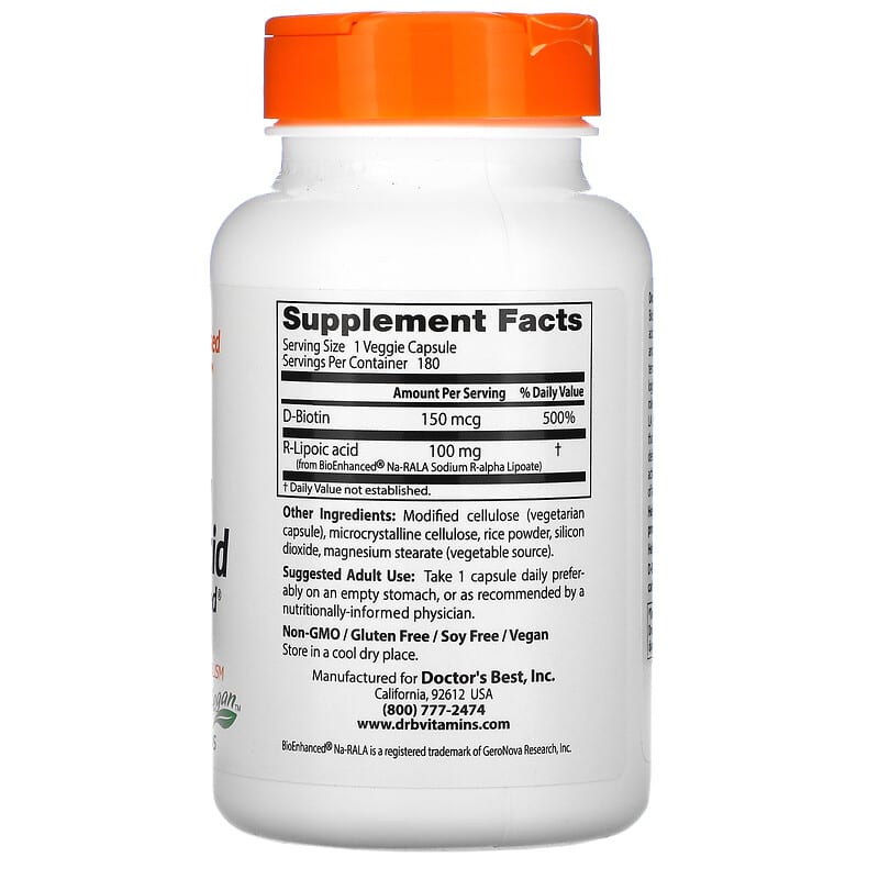 Doctor's Best Stabilized R-Lipoic Acid with BioEnhanced Na-RALA 100 mg 180 Veggie Caps 2 Thành phần vi chất của Doctor's Best Stabilized R-Lipoic Acid with BioEnhanced Na-RALA 100 mg 180 Veggie Caps 753950002296