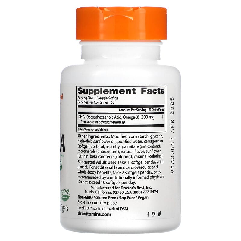 Doctor's Best Vegan DHA from Algae with Life's DHA 200 mg 60 Veggie Softgels 2 Thành phần vi chất của Doctor's Best Vegan DHA from Algae with Life's DHA 200 mg 60 Veggie Softgels 753950002968
