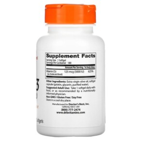 Thành phần vi chất của Doctor's Best Vitamin D3 125 mcg (5.000 IU) 180 Softgels 753950002180