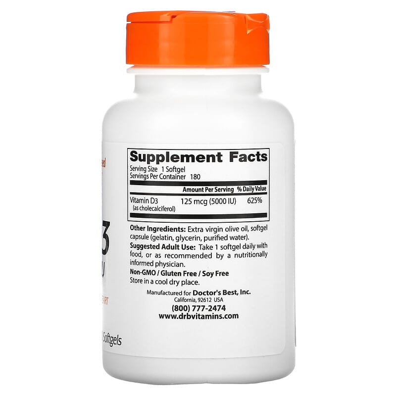 Doctor's Best Vitamin D3 125 mcg (5.000 IU) 180 Softgels 2 Thành phần vi chất của Doctor's Best Vitamin D3 125 mcg (5.000 IU) 180 Softgels 753950002180