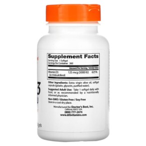 Thành phần vi chất của Doctor's Best Vitamin D3 125 mcg (5.000 IU) 360 Softgels 753950002500